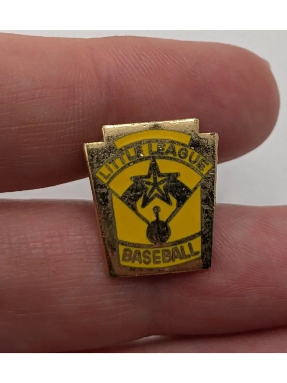 Vintage Little League Baseball Lapel Pin Yellow & Gold Enamel Shield Shaped